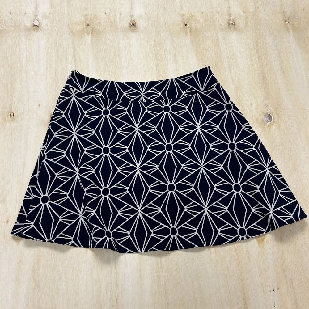 Vintage 90s Blue Geometric Skirt Women Small A-Line Short Mini Zip Polyester USA